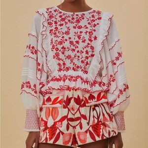 FARM Rio Off-White and Red Embroidered Top